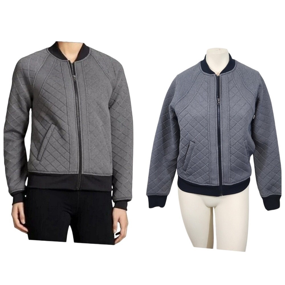 Athleta Quilted Bomber Jacket‎ Gray Pink Lined Zip Front Pockets Women's Small S